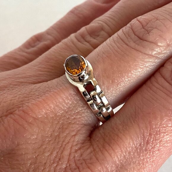 Sterling Silver 925 East West Oval Citrine Basketweave Chain Link Band Ring Sz 8 - Picture 14 of 16